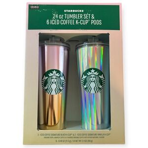 Starbucks Tumbler Set 24oz Cold Cup & 6 Iced Coffee K-Cup Pods‎ New